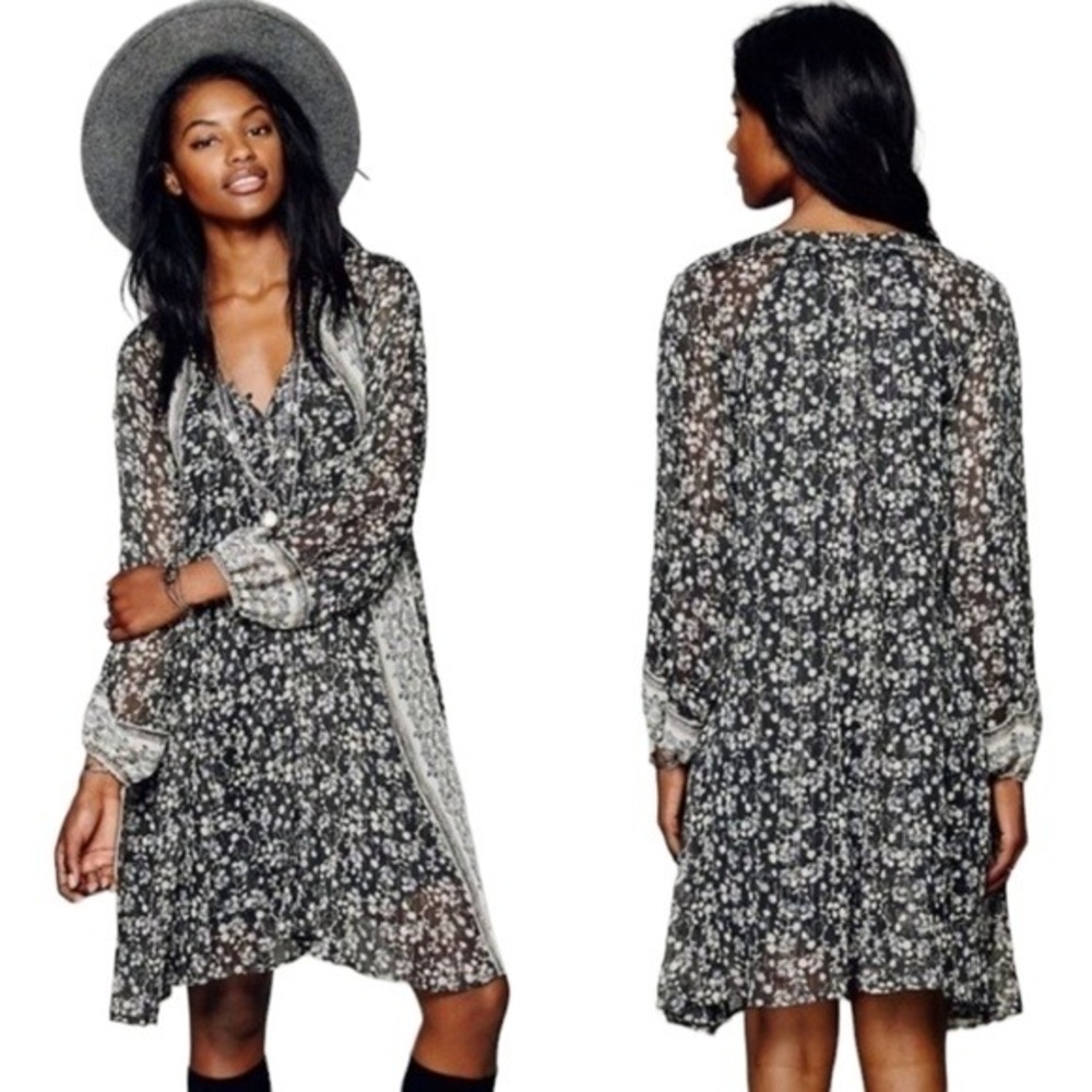 Free People Melody Laughter Tunic Dress Womens Large Black Floral Metallic Boho